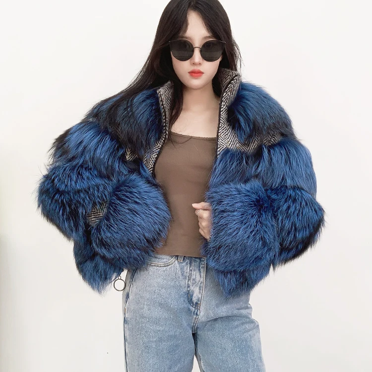 Fashion winter fluffy jacket luxury low price woman blue real fox fur coat