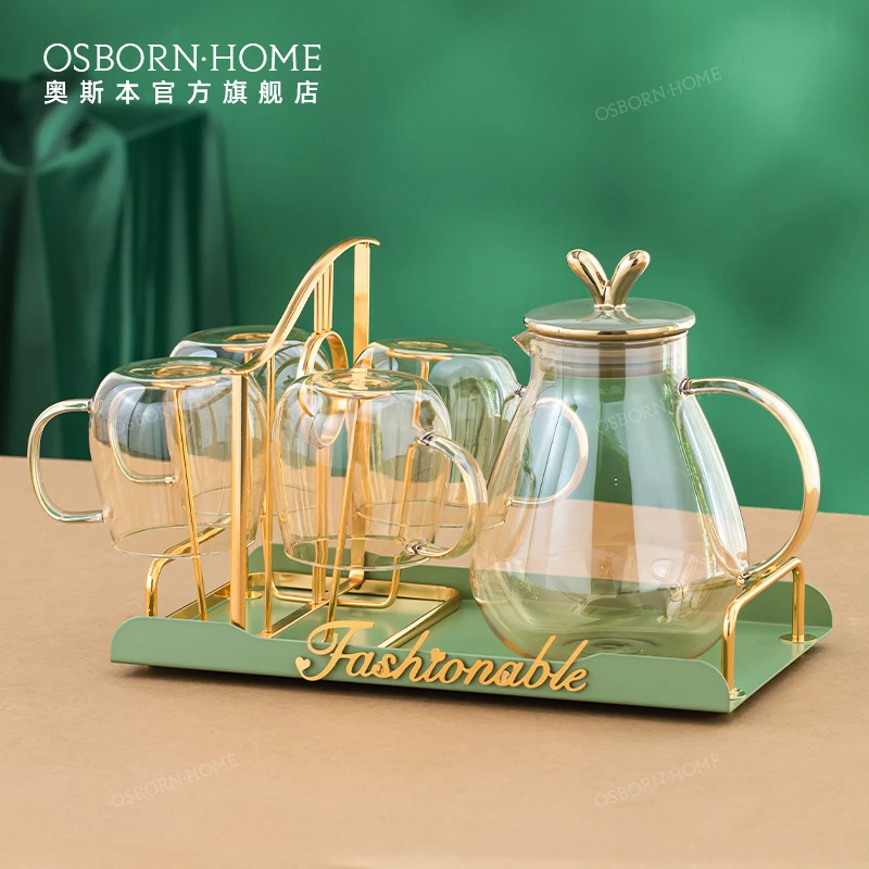 OSBORN Light Luxury Summer Glass Water Jug Set For Juice And Cold Drink And Handle With Ceramics Lid And Cups Tray