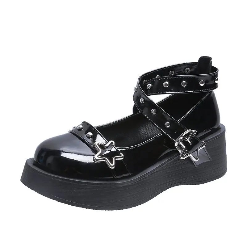 Fashion Plus Size 43 Lolita Shoes Buckle Strap Women Girls Cross-tied Pu Leather Rivet Casual Dress JK