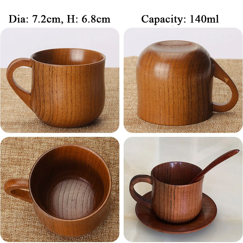 Eco Friendly Natural Wooden Tea Beer Coffee Handle Mug Cup Set With Wood Bottom And Spoon