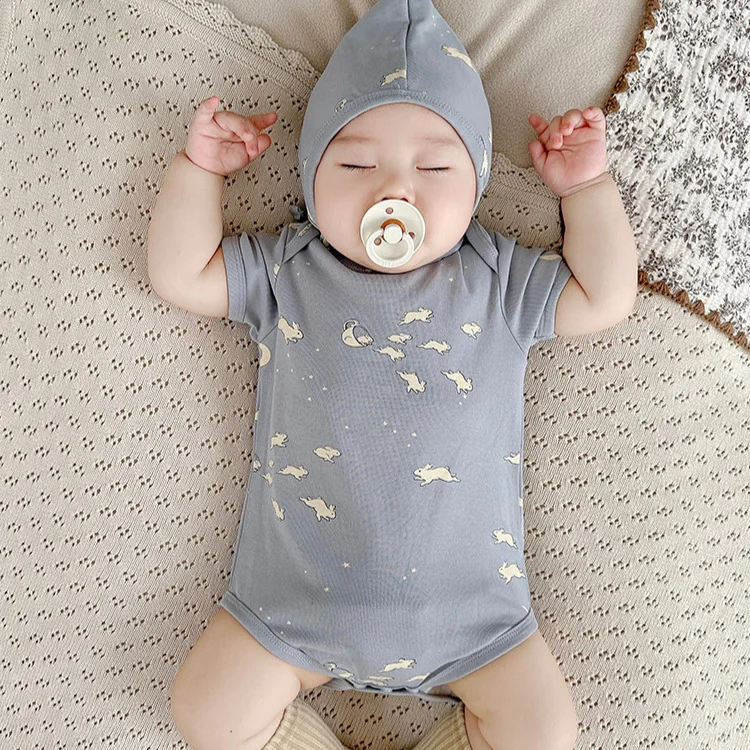 100% Cotton Full Printing Model Bamboo Short Sleeve Singlet Mini Baby Bottom Snap Jumpsuit Baby Romper Onesie Bodysuit