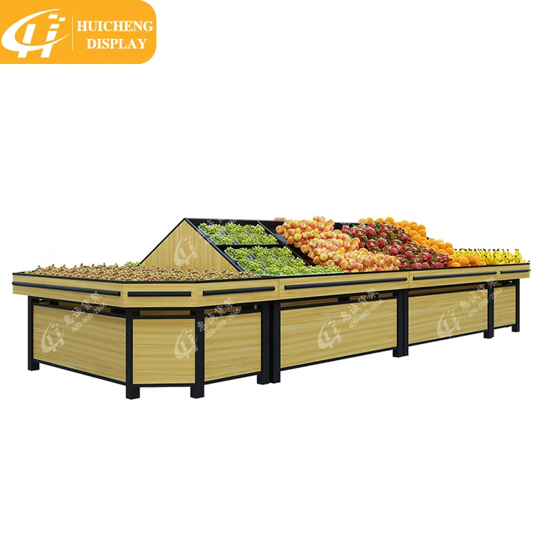 customized Supermarket wooden double sided Tilt-Top racks  Produce display table for vegetables
