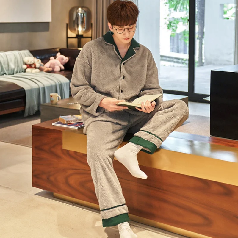 Winter Men Casual Thick Warm Flannel Long Robe Sleepwear Plus Size Loose Nightgown Male Solid Nightwear Homewear Pajama Sets