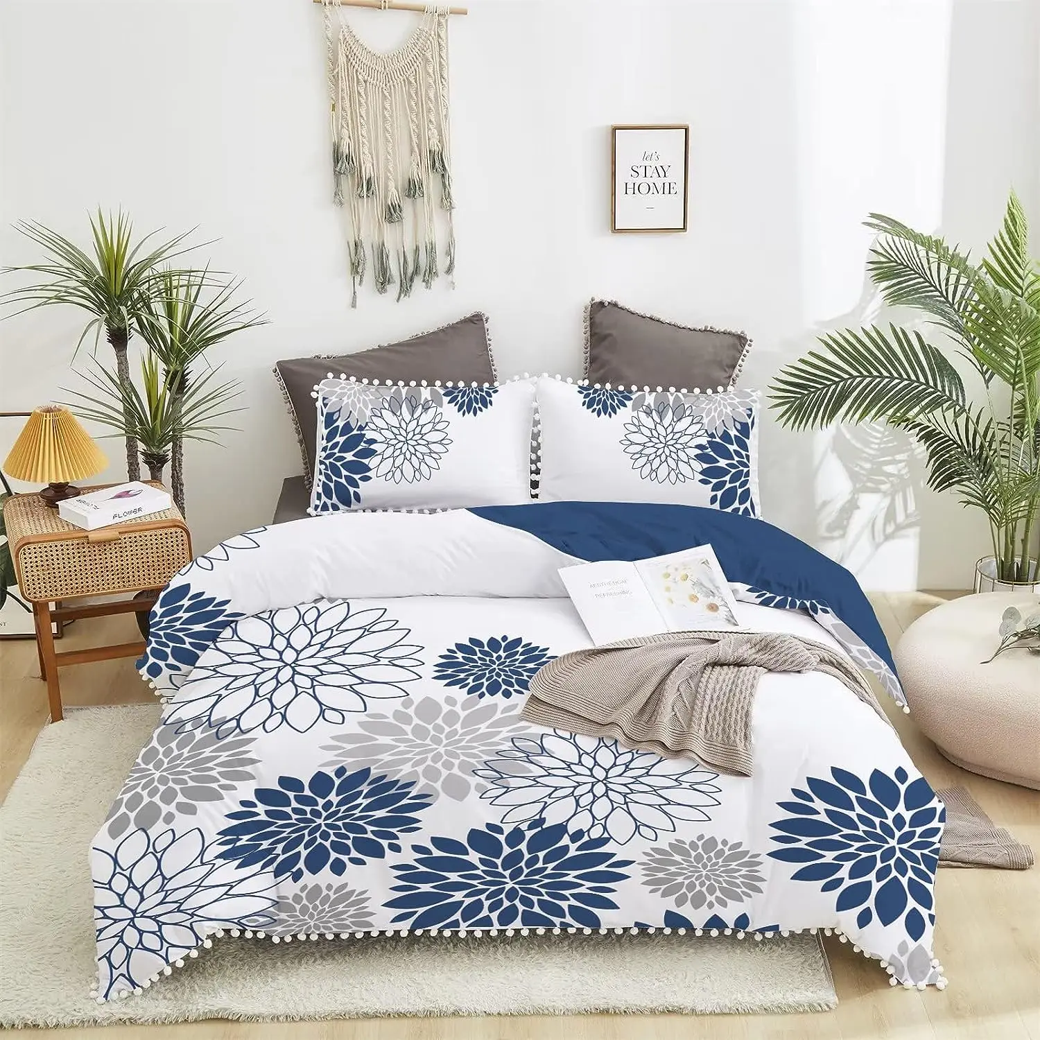 ALPHA TEXTILE boho style duvet set with pall fringe large blue dahlia flower duvet set soft washed microfiber duvet cover set