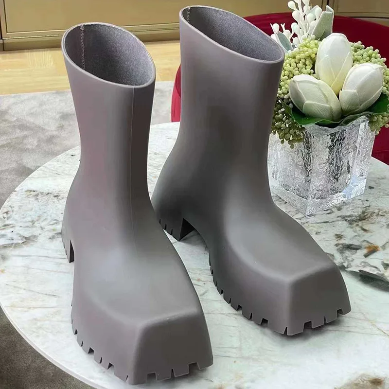TX wholesale Turned-Up Square Toe Ridged Sole Medium Grey Ankle-Length Pull-On Style Square Toe Rubber Trooper Rubber Boots
