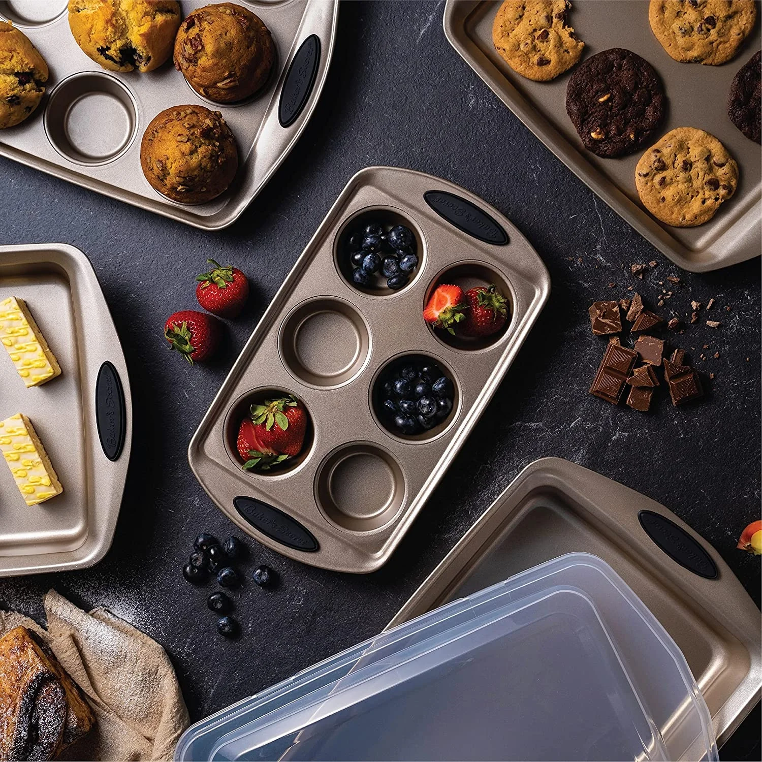 Nonstick Bakeware Set Baking Cookie Sheets Cake Muffin Bread Pan, 10 Piece, Latte Brown with Cranberry Red Grips