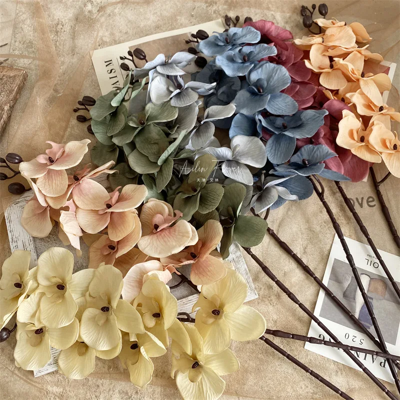 O-B008 оптовая продажа 9 глав Шелковый фаленопсис Орхидея искусственная Бабочка лёгкие женские туфли в цветочек стебли черного и коричневого цветов цветок орхидеи