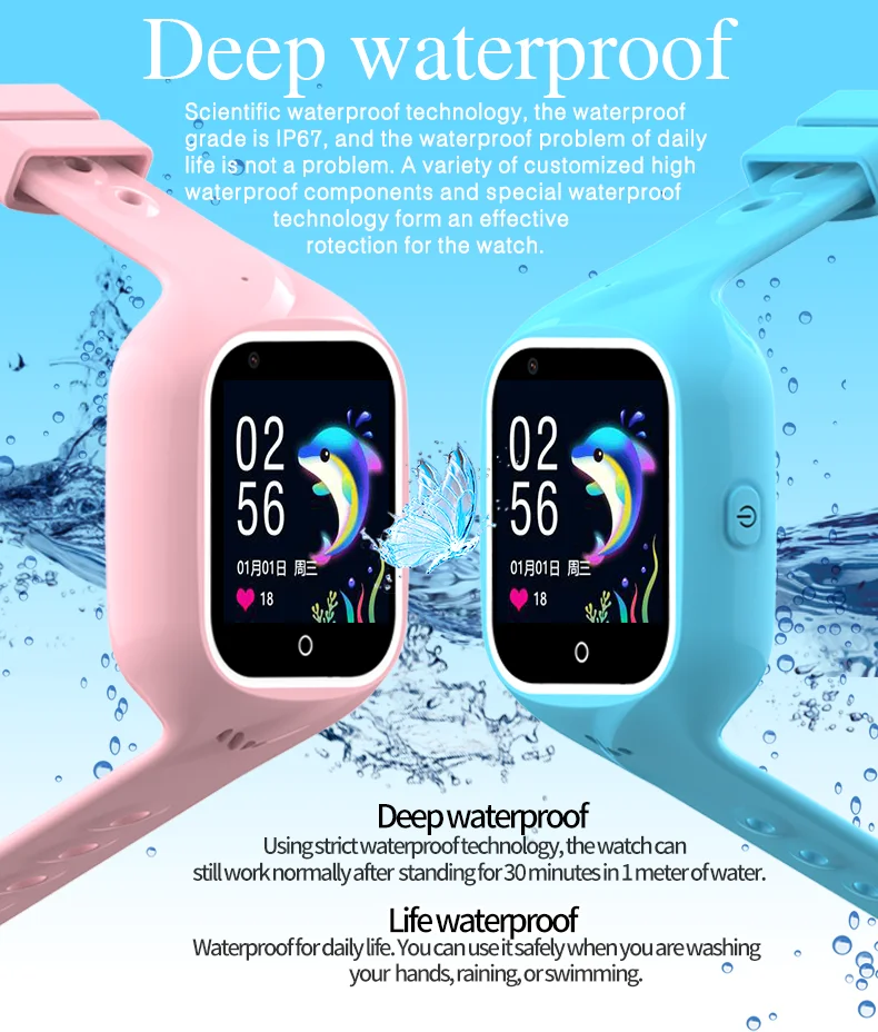 OEM Kids Watch IP67 Waterproof Safe Area 4G Network GPS LBS Camera Sport Anti-lost Smart Child Watch with Sim Card