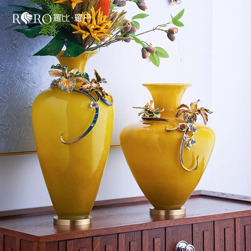 RORO Vases flower modern luxury home decorative lucky year tall yellow colored glass fresh dry flower vase for home decoration