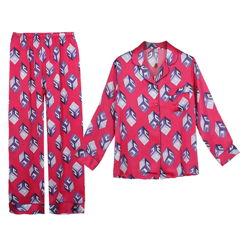 Luxury Adult Night Wear Red Silk Soft Ladies Pajamas For Sets