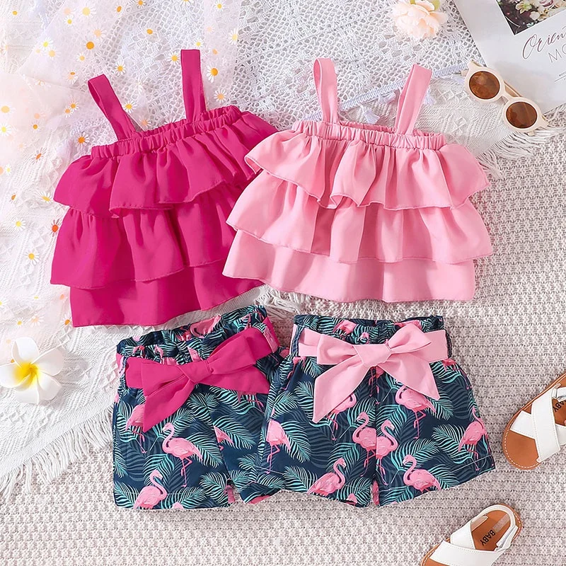 2Pcs Set 6 - 3 Years Newborn Baby Girl Fashion Cotton Sleeveless Croptop and Cartoon Flamingo Shorts Summer
