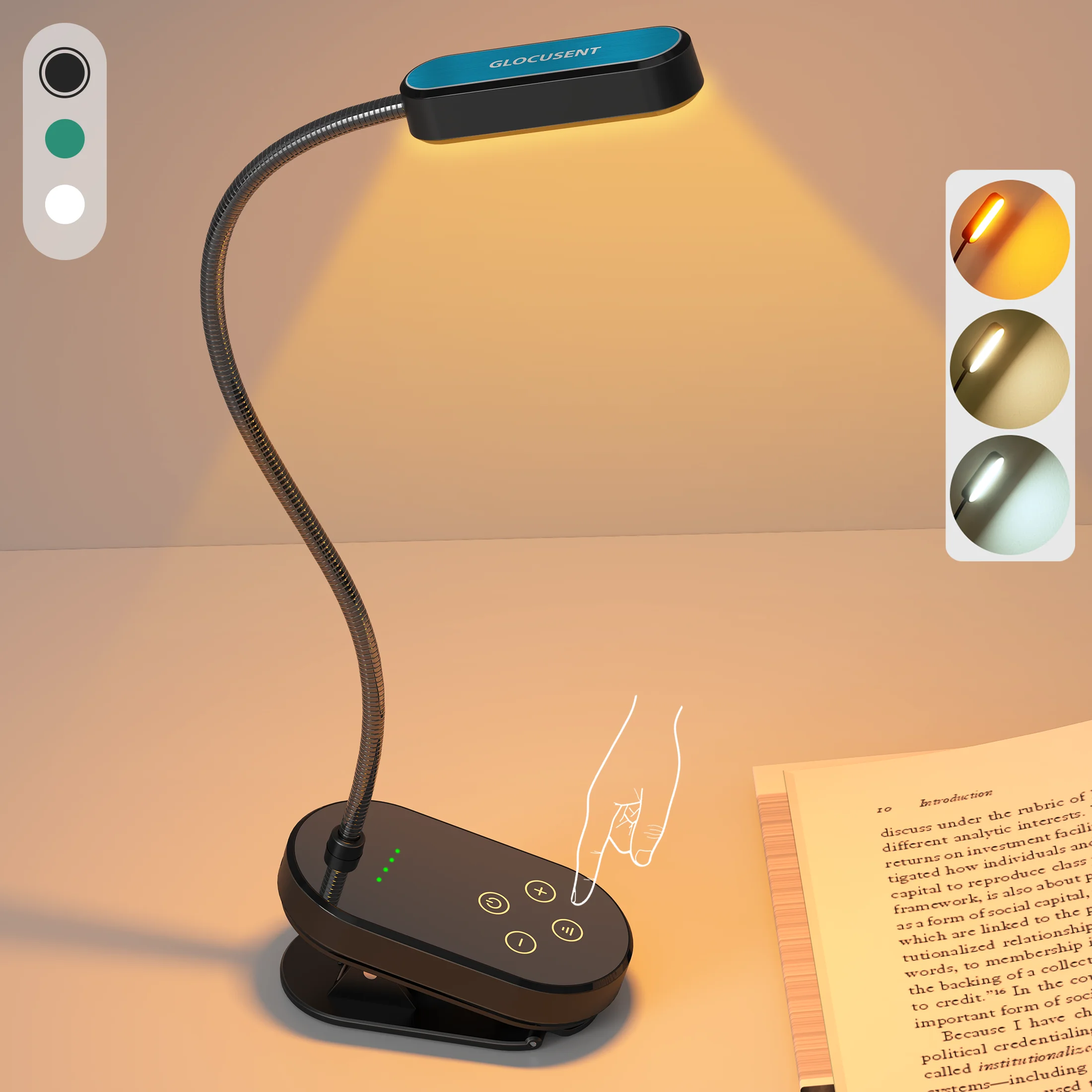 Source Factory Glocusent Patented Led Clip Reading Book Light Eye Care Rechargeable Usb Flexible Clip On Book Light for Reading