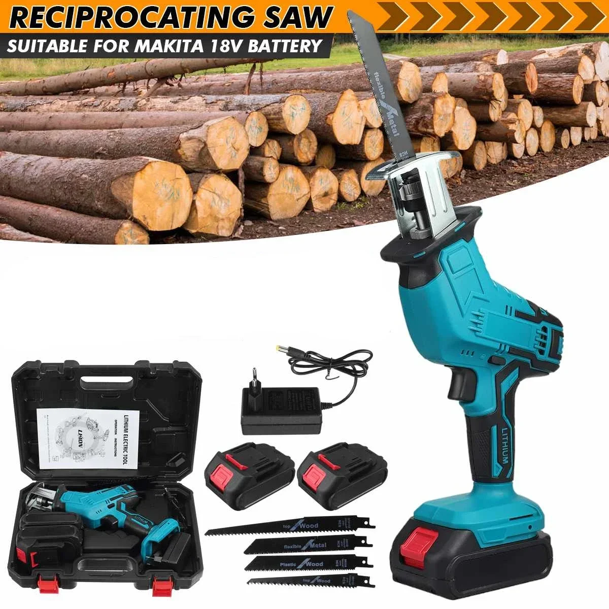 Cordless Reciprocating Saw Power Saw for Wood / Metal Cutting with 4pcs Blades Fit Makita 18v Battery