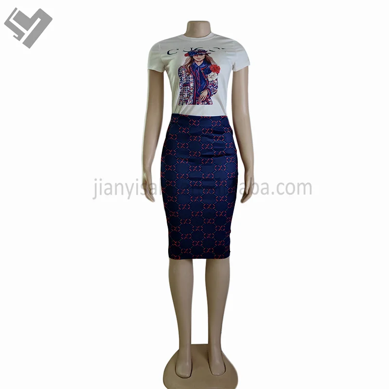 2023 New Arrival Famous Brand Women Summer 2 Piece Set Luxury Clothing Designer Print Short Sleeve T Shirt Midi Skirt Set