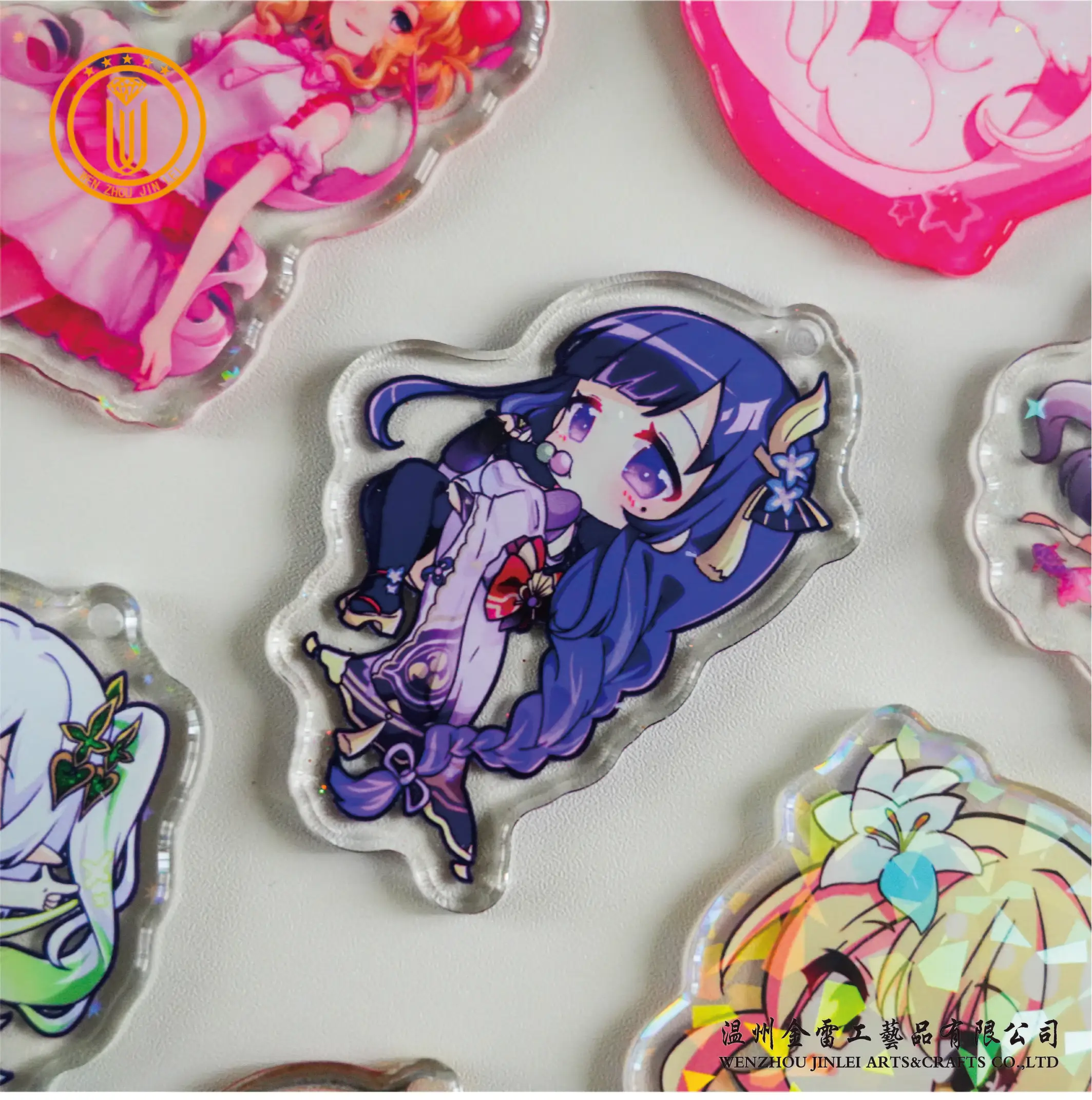 Jinlei custom anime character popular rainbow laser glitter charms hologram epoxy plastic acrylic keychains