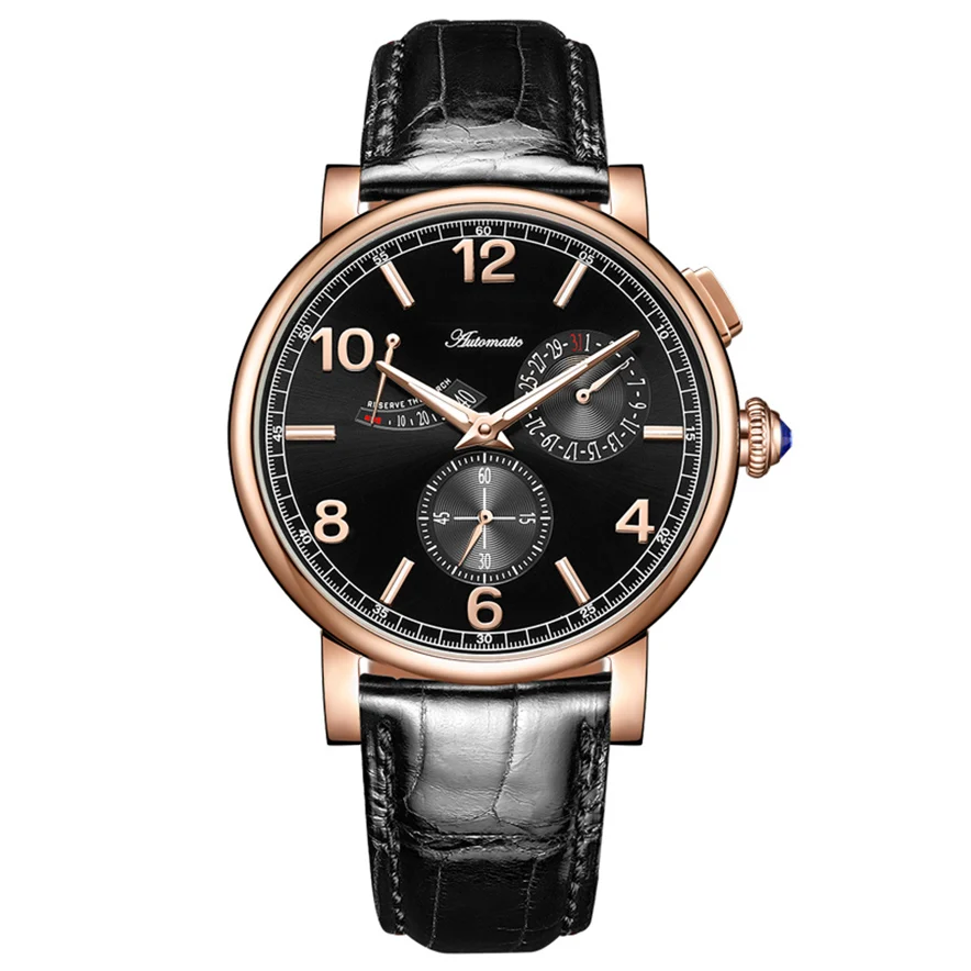 Luxury cow leather strap power show calendar small second hand men mechanical watches