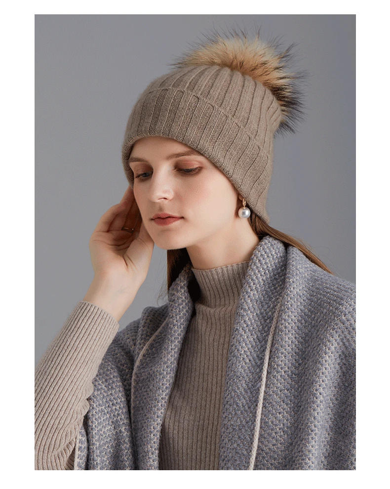 Custom Women Ladies Winter Warm Knitted Fashion GOAT CASHMERE wool Hat with Large Genuine Real Fox Fur Pom