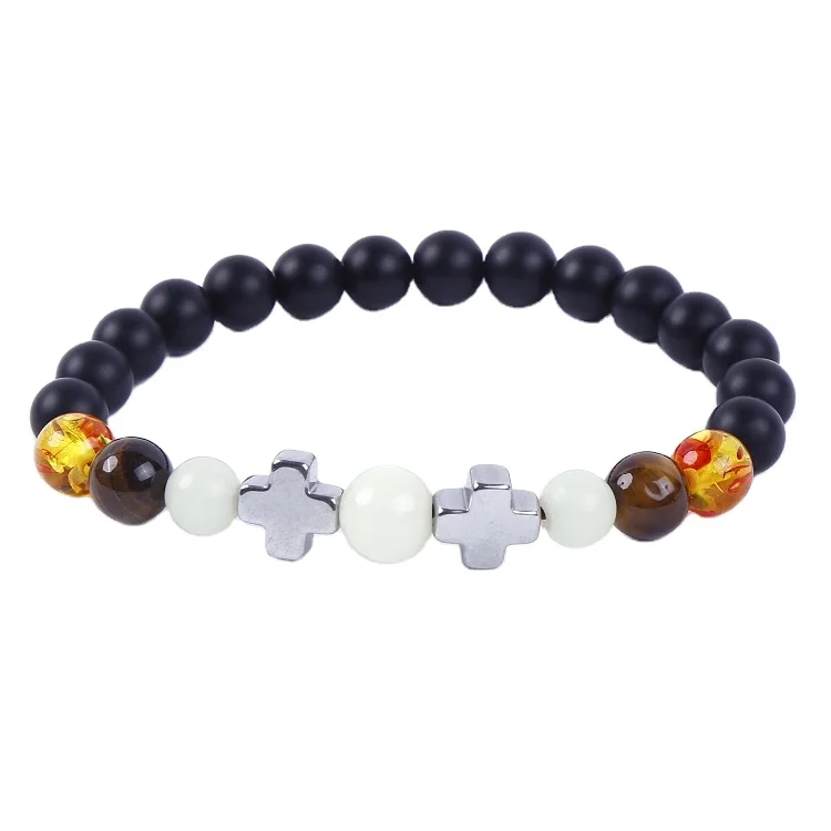 Wholesale New Handmade Amber Tiger Eye Beads Black Agate Beaded Luminous Hematite Cross Bracelets