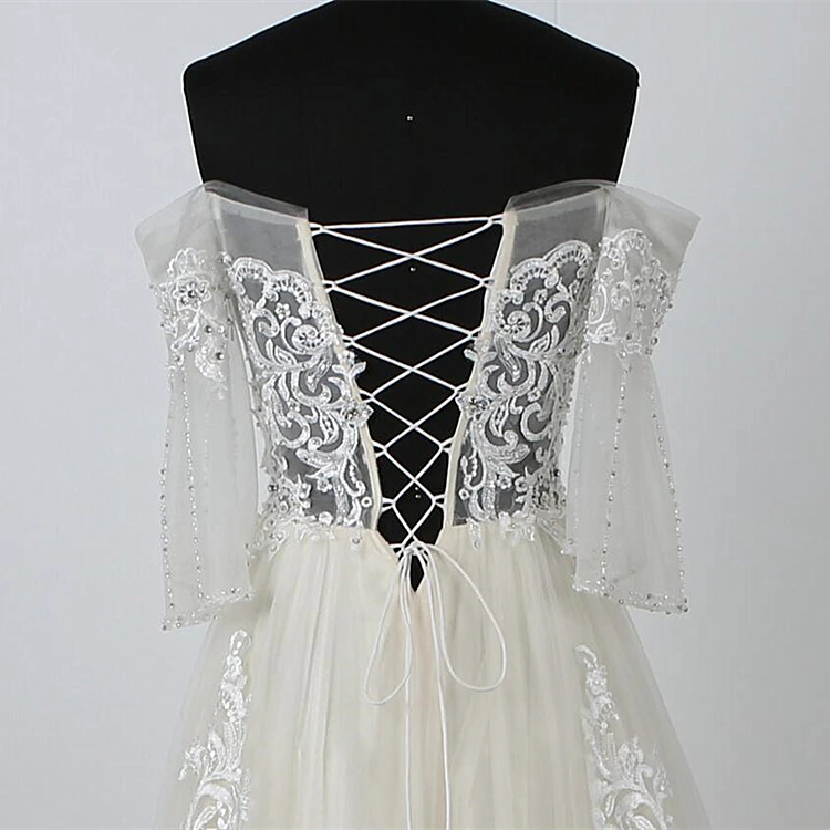 
Custom made tulle embroidery lace beading off the shoulder ball wedding gown puffy wedding dress 