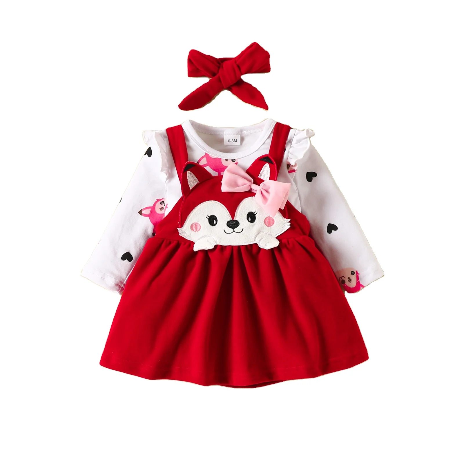 2023 Factory Wholesale Baby Girl Clothes Autumn Baby Kids Cartoon Fox Love Print Long Sleeve Romper Bow Strap Dress Suit