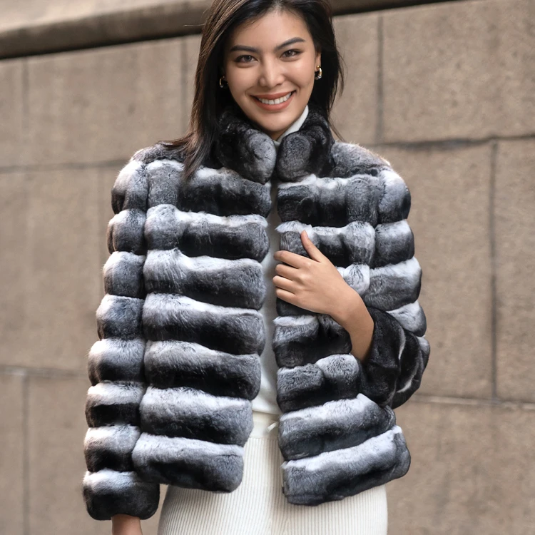 High Quality Fashion Luxury Natural Women Genuine Mink Fur Chinchilla Rabbit Fur Coat Stand Collar Winter Warm Fur Coat