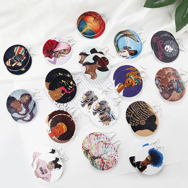 Wholesale Vintage Painted Statement Round African Ethnic Fashion Jewelry Drop Earrings Africa Wooden for Women Wood Jewelry Mix