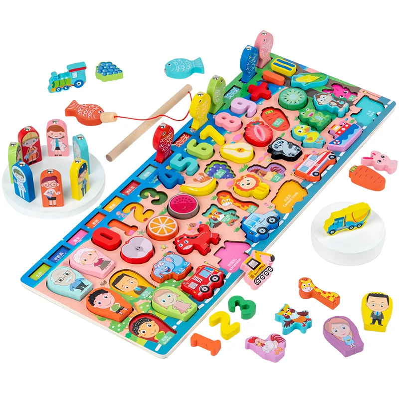Деревянная доска 7 в 1, многофункциональный процессор, магнитная рыболовная игра, Детская цифровая развивающая игрушка