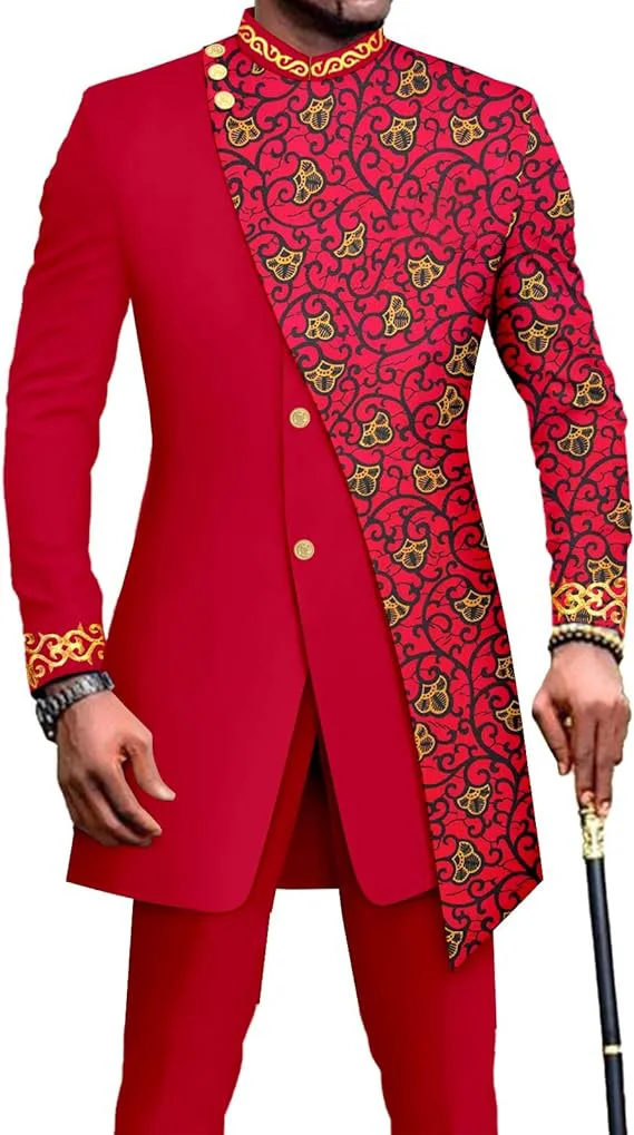 African Vintage Suits for Men Embroidery Print Blazer and Pants Set Business Suit Party Wedding Evening suit