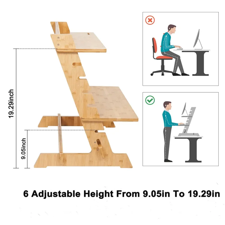 eco friendly  bamboo standing monitor stand desk convertor riser for monitor
