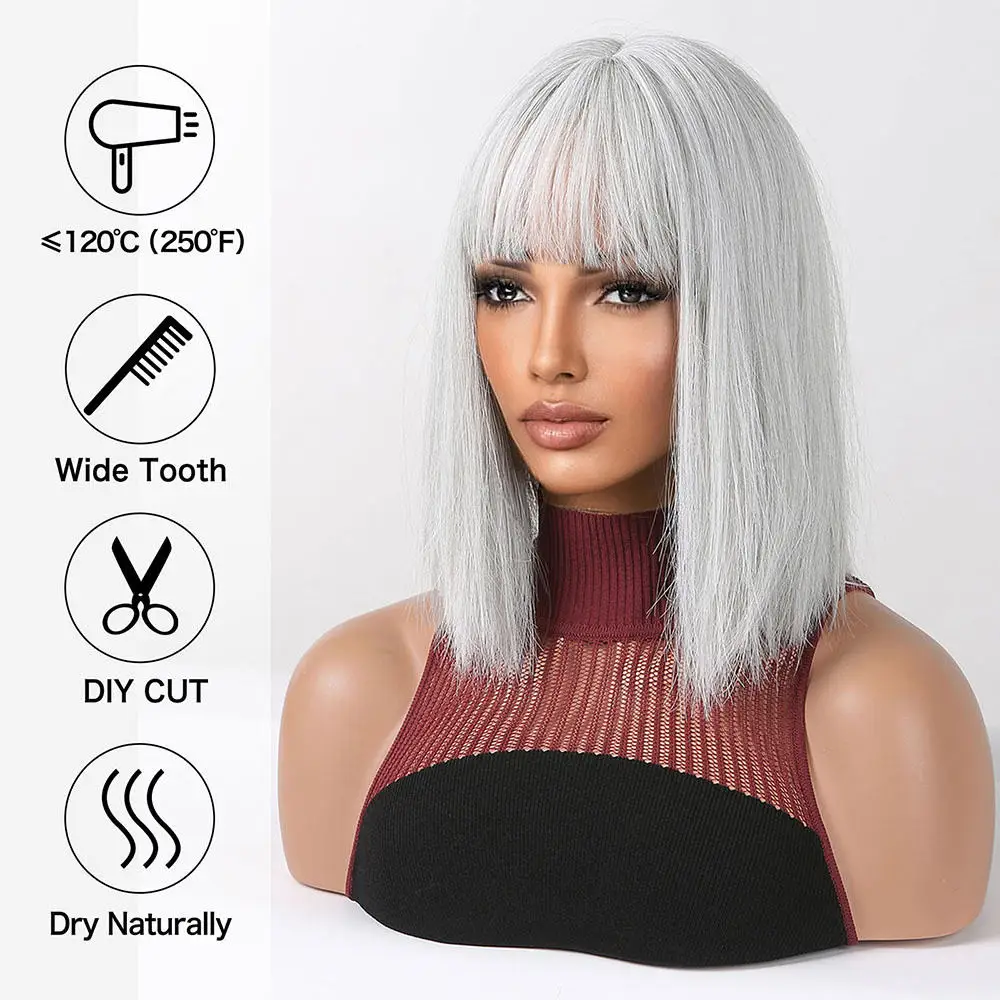 Wholesale White Silver Short Straight Synthetic Wigs with Bangs Platinum Blonde Bob synthetic hair braiding wigs for african