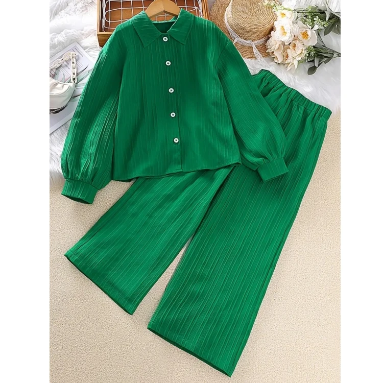 Ms-250 2024 Girl Clothing Spring Set Button Blouse Top + Wide Leg Pants Causal Children Clothes for Kids 10 to 12 Years Girls