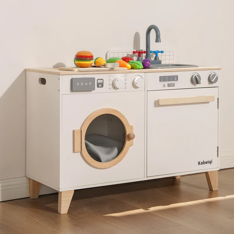 2022 new style children cookhouse toy white wooden oven refrigerator washing machine combination set toys