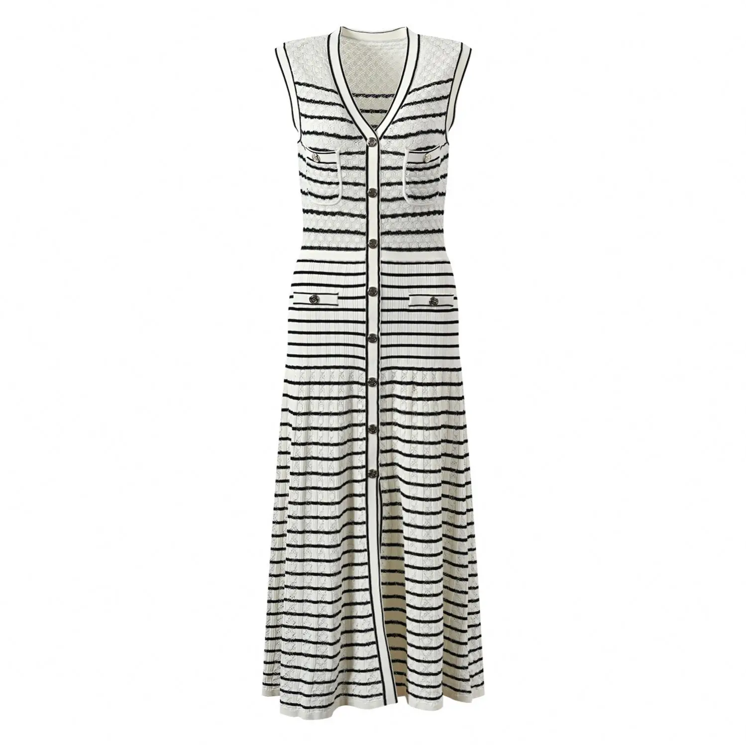 Bettergirl 2024 Summer Colorblock Striped V-neckline Women Knitted Sleeveless Elegant Slim Fitted Ladies Fashion Long Dresses