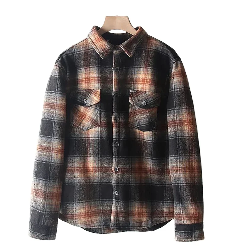 OEM/ODM camisas para Custom mens winter fleece orange plaid shirt flannel men oversized vintage shirt with two patch pockets