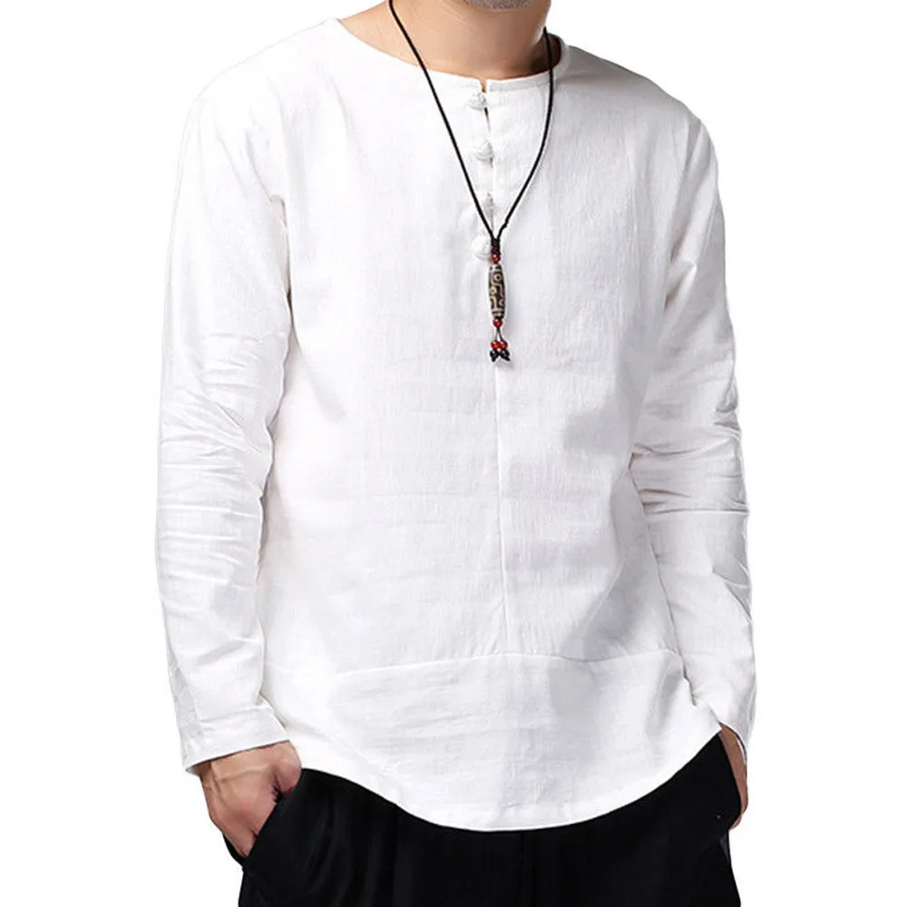 Fashion pure color long sleeve linen blouse men tops clothes chinese style loose casual sports polo t-shirt men shirt L686