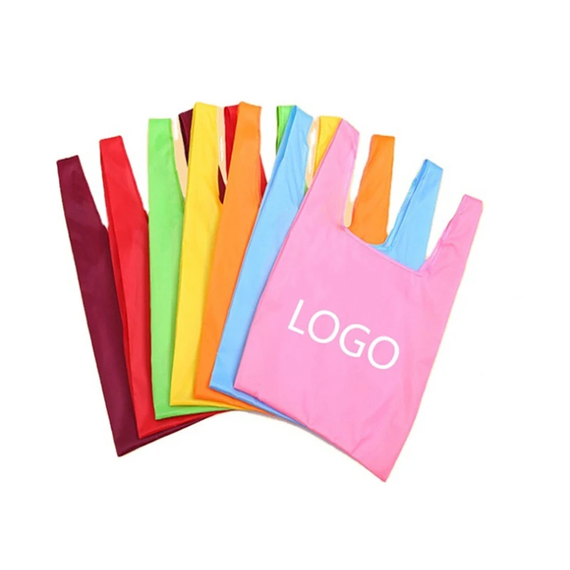 Custom LOGO Eco-friendly Reusable Portable Polyester Tote Folding Bags Nylon Foldable Recycle Shopping Grocery Reusable Bag