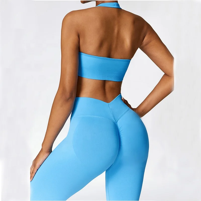 Women Comfort Fitness Hollow Hot Sexy Yoga Halter Pad  High Impact Sports Bra & Workout Stretch Running Legging Yoga Gym Set