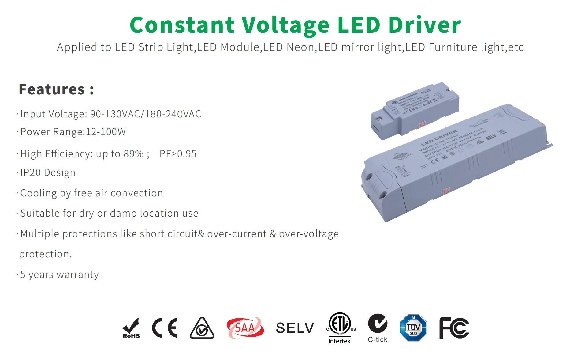12W 12v/24v IP20 PF0.6 100-240Vac Constant Voltage LED Driver