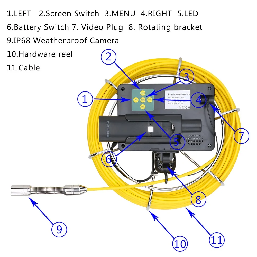 5 inch 17mm Handheld Industrial Pipe Sewer Inspection Video Camera IP68 Waterproof Drain Pipe Sewer Inspection Camera System 20M