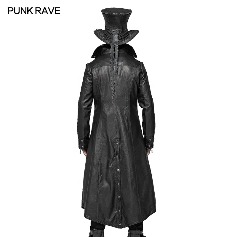 PUNK RAVE Y-422 Wholesale Handsome Gothic Men Long PU Leather Fake Two Pieces Coat