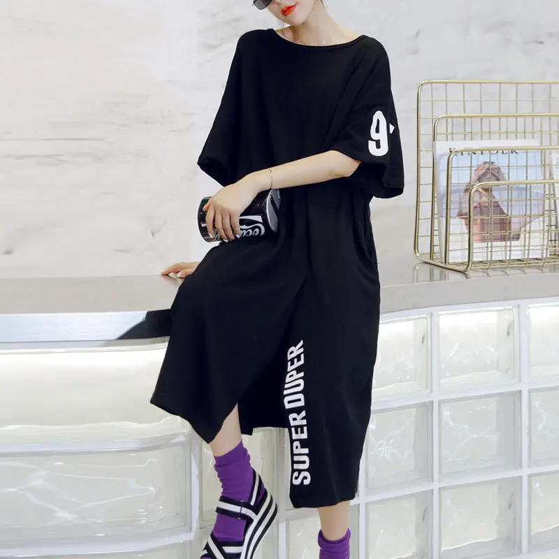 Wholesale European Large Oversized Sexy Slit Cotton Long Summer Dress Fashion Women Clothing Letter Printed Midi T Shirt Dresses