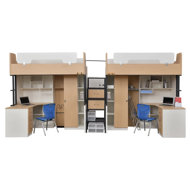Metal School Dormitory Loft Bunk Bed With Study Desk and Wardrobe