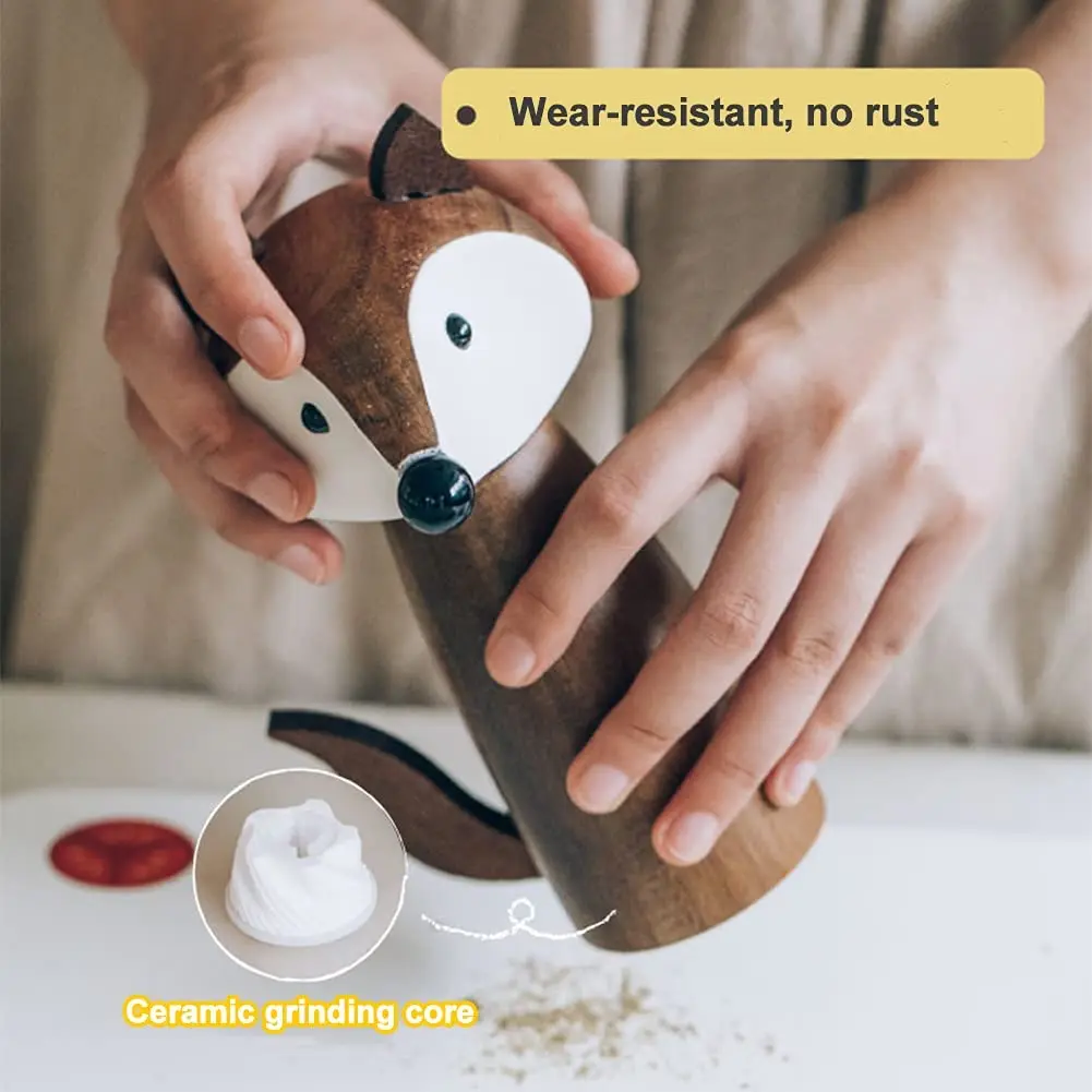 Cute Fox Salt and Pepper Grinder Acacia Wooden Pepper Mill with Adjustable Ceramic Coarseness Manual Salt and Spice Mills