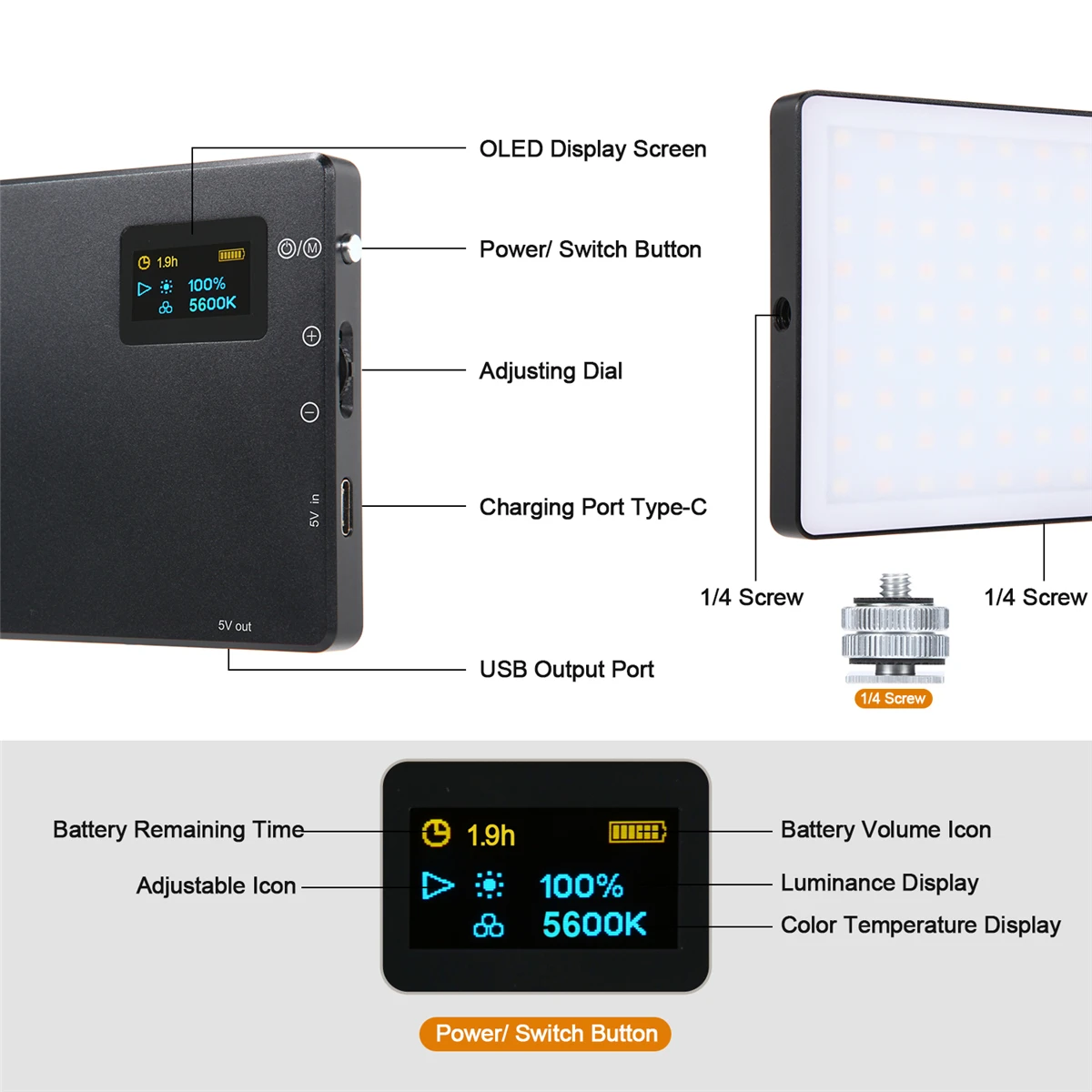 LED Video Light N126 Camera Light 126pcs Bi-color LED OLED Display  with Built-in Lithium Battery for Video Shooting on Camera