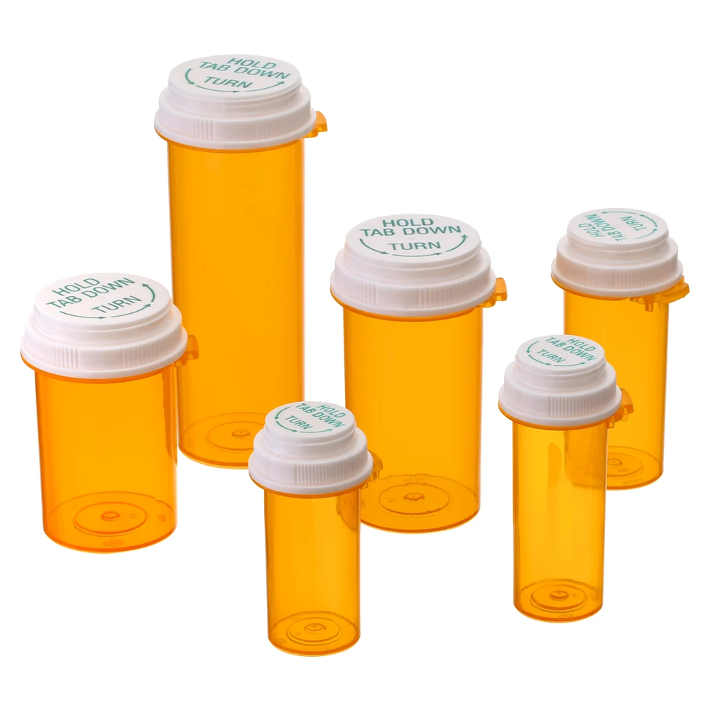 Pharmacy Touch Down Cap Vial Plastic Amber Thumb Tab Vials Reversible Push Down Bottle