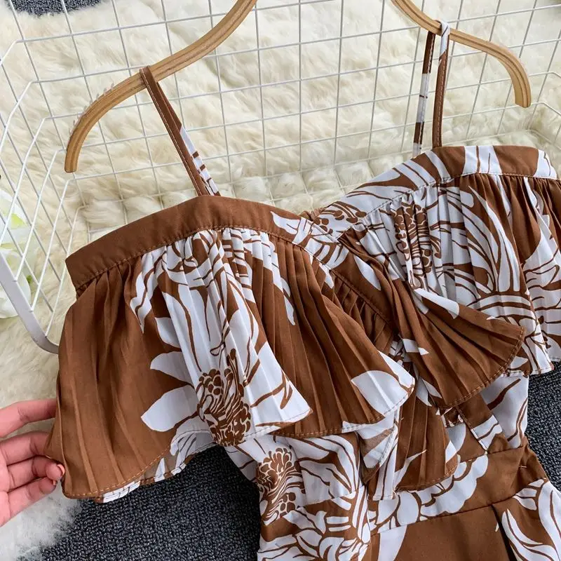 YP Ruffle Vintage Floral Print Summer Off Shoulder Midi Long Dress Party Women Casual Spaghetti Strap Beach Holiday Vestidos