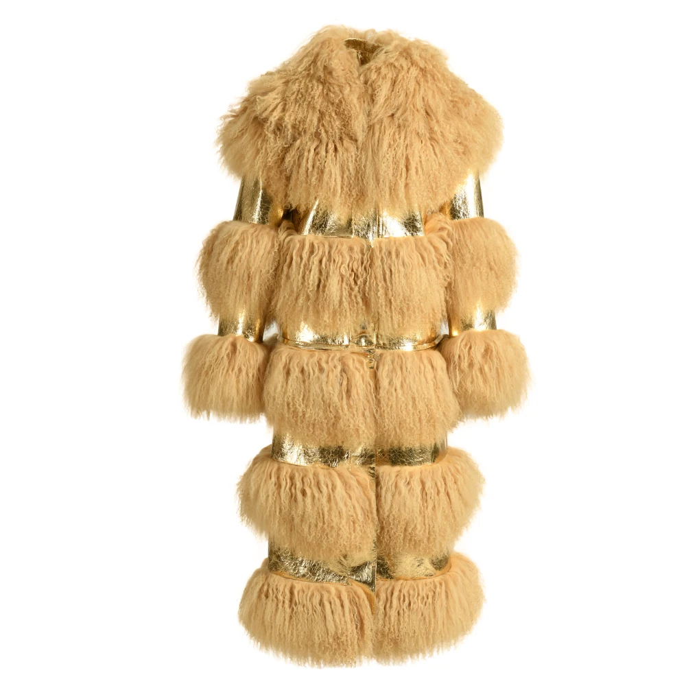 Wholesale Detachable Real Mongolian Fur Splicing with Lambskin Leather Thick Warm Long Women Fur Fluffy Coats 2024