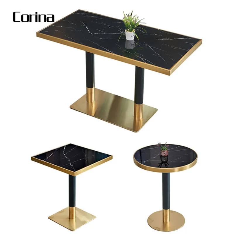 Outdoor minimalist marble top square restaurant table and chairs set stainless steel base dining table for cafe shop
