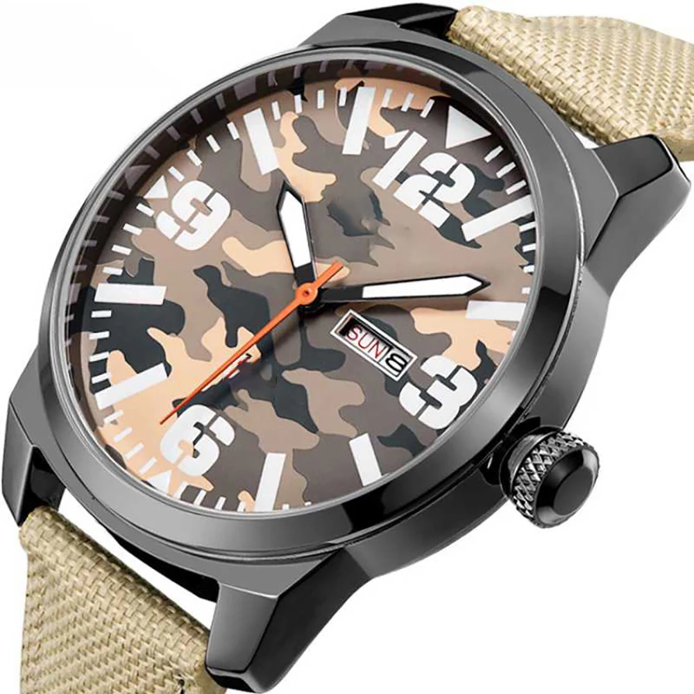 Модные мужские кварцевые аналоговые часы с камуфляжным циферблатом повседневные водонепроницаемые нейлоновым ремешком