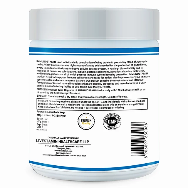 
Immunostamin Powder with Tulasi leaf Skimmed Milk Whey Protein Herbal Extracts Immune Booster Supplement private Label GMP ISO 
